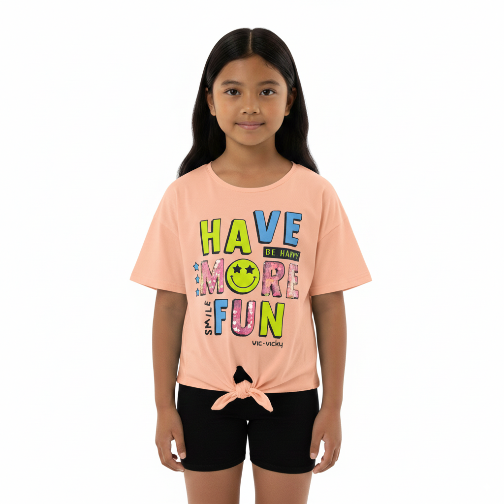 Girl's Front Tie With Have More Fun Print Round Neck Short Sleeve T-Shirt - Orange