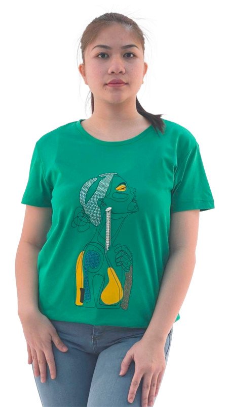 Women's Sad Lady Print Round Neck Short Sleeve T-Shirt - Green