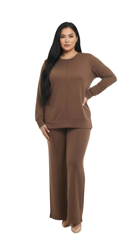Women's Seam-Detail Sweatshirt & Wide Leg Pant Set - Brown