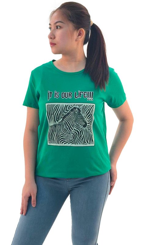 Women's It Is Our Life Quotes with Animal Print Round Neck Short Sleeve T-Shirt - Green
