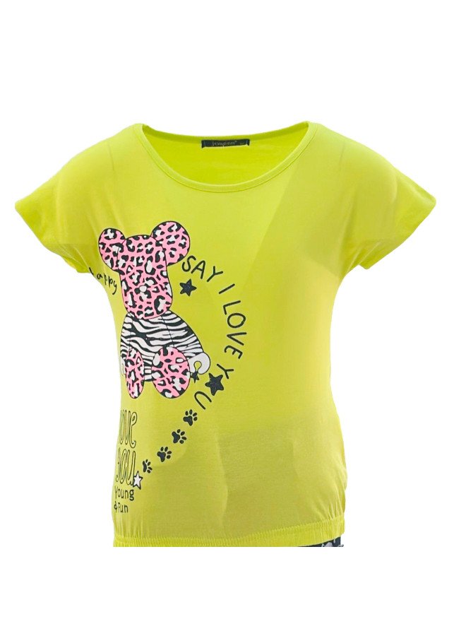 Girl's Say I Love You & Animal Print Round Neck Short Sleeve T-Shirt - YellowGreen