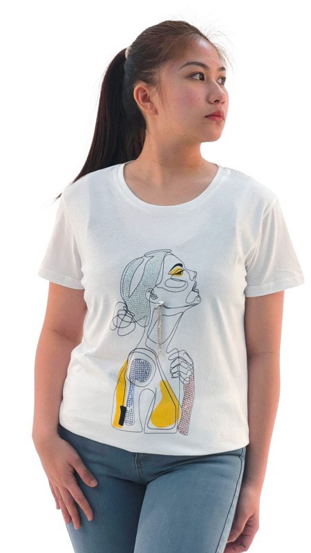 Women's Sad Lady Print Round Neck Short Sleeve T-Shirt - White