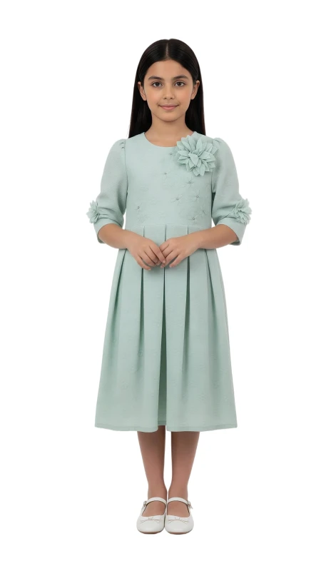 Elegant Blossom  Bow-Front Dress for Girl - LightGreen