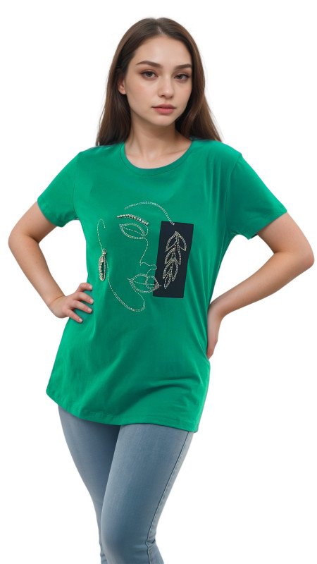 Women's Lady Face Print Round Neck Short Sleeve T-Shirt - Green