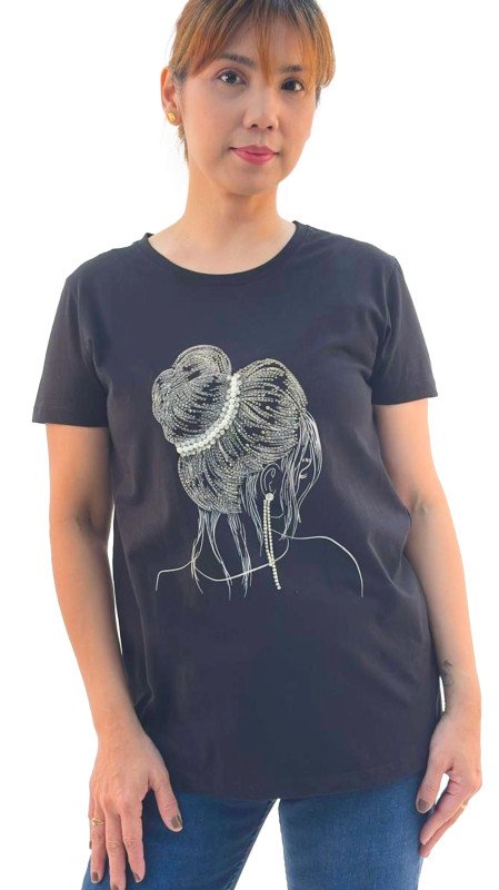 Women's Lady With Hair Bun Print Round Neck Short Sleeve T-Shirt - Black