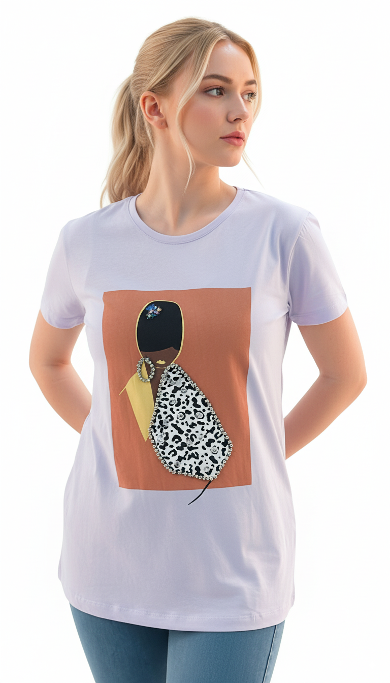 Women's Lady Design Round Neck Short Sleeve T-Shirt - Violet