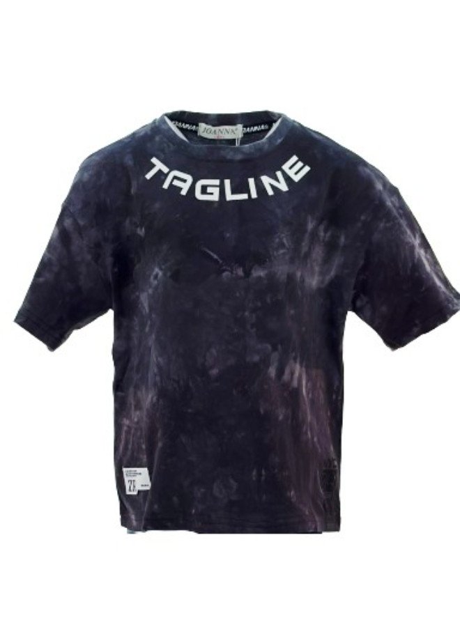 Boy's Tagline Print Round Neck Short Sleeve T-Shirt - Black