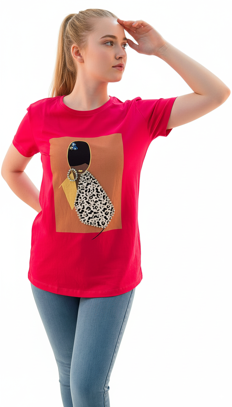 Women's Lady Design Round Neck Short Sleeve T-Shirt - Pink