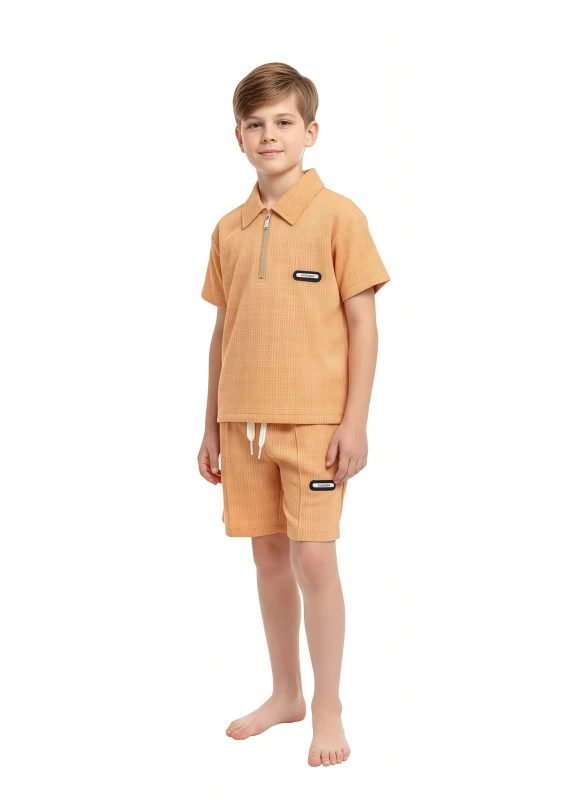 Boy's  Ribbed Polo & Shorts Set - LightBrown