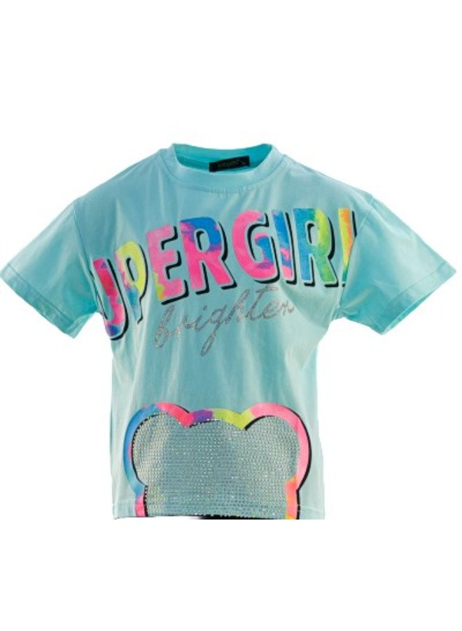 Girl's Super Girl Brighter Print Round Neck Short Sleeve T-Shirt - SkyBlue