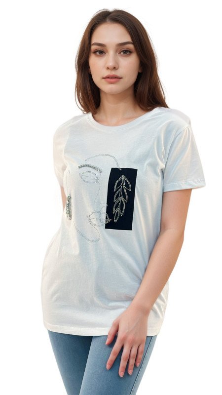 Women's Lady Face Print Round Neck Short Sleeve T-Shirt - White