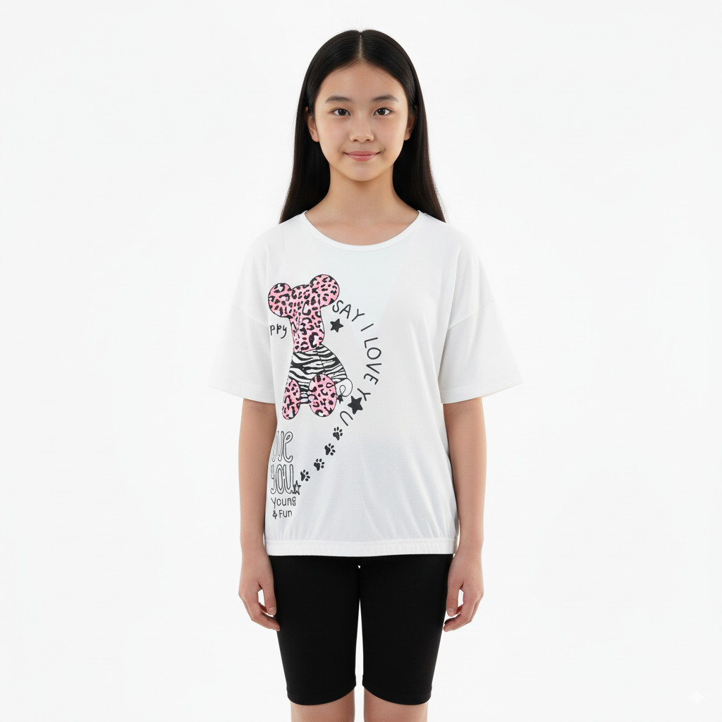 Girl's Say I Love You & Animal Print Round Neck Short Sleeve T-Shirt - White