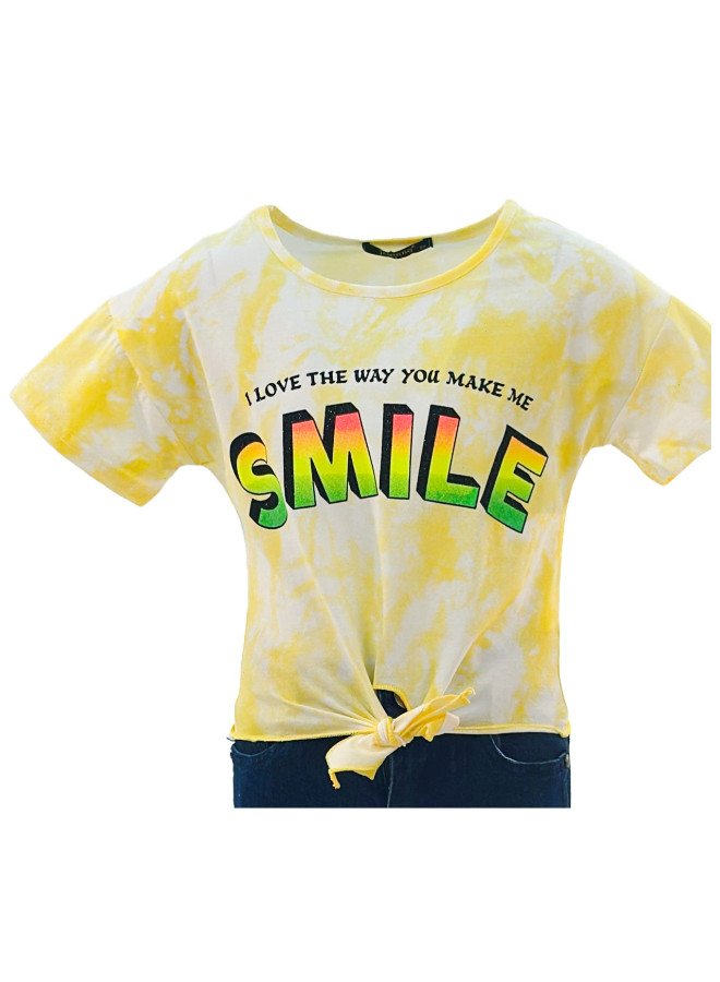 Girl's Front Tie With I Love The Way You Make Me Smile Quotes Round Neck Short Sleeve T-Shirt - Yellow