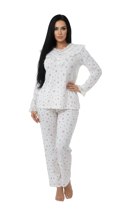 Women's Ruffled Neckline Floral Print Pajama Set - White