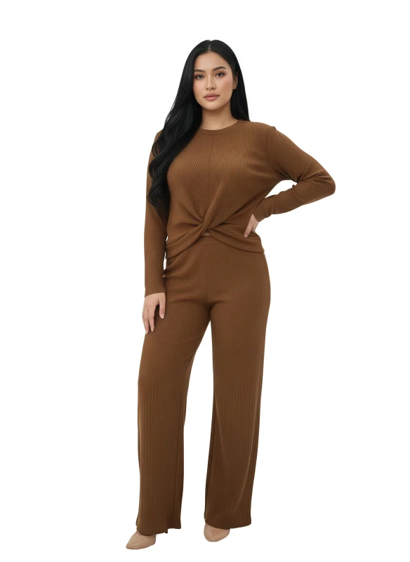 Women's Rust Ribbed Knit Twist Front Top & Wide Leg Pant Set - Brown