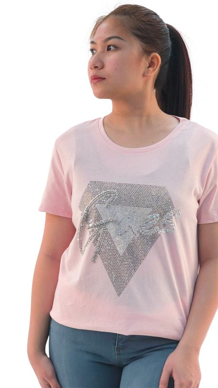 Women's Diamond Design With Quotes Round Neck Short Sleeve T-Shirt - Pink