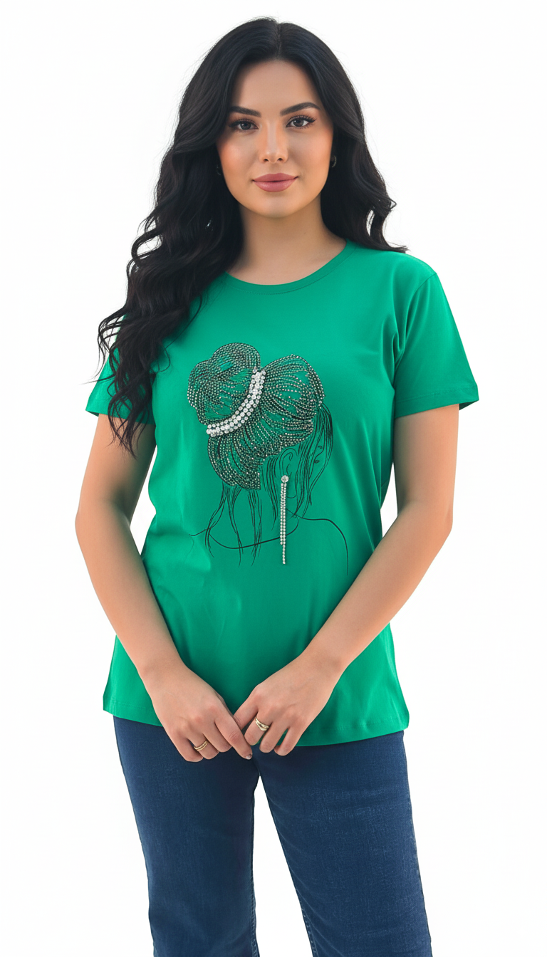 Women's Lady With Hair Bun Print Round Neck Short Sleeve T-Shirt - Green