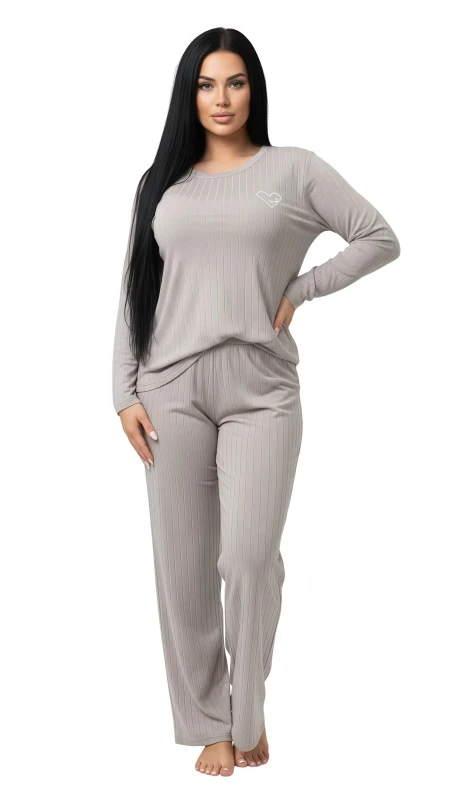 Women's Ribbed Long Sleeve Pajama Set - LightSlateGray