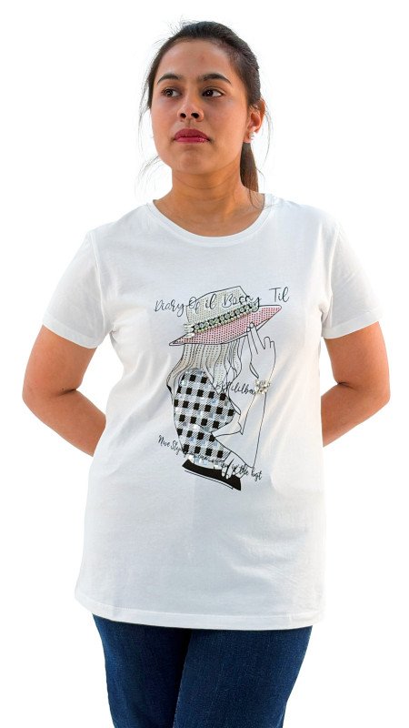 Women's Lady Wearing Hat With Quotes Round Neck Short Sleeve T-Shirt - White