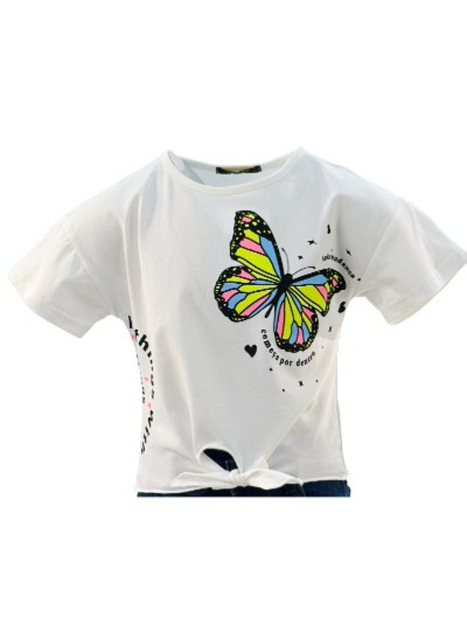 Girl's Front Tie With Butterfly Design Round Neck Short Sleeve T-Shirt - White