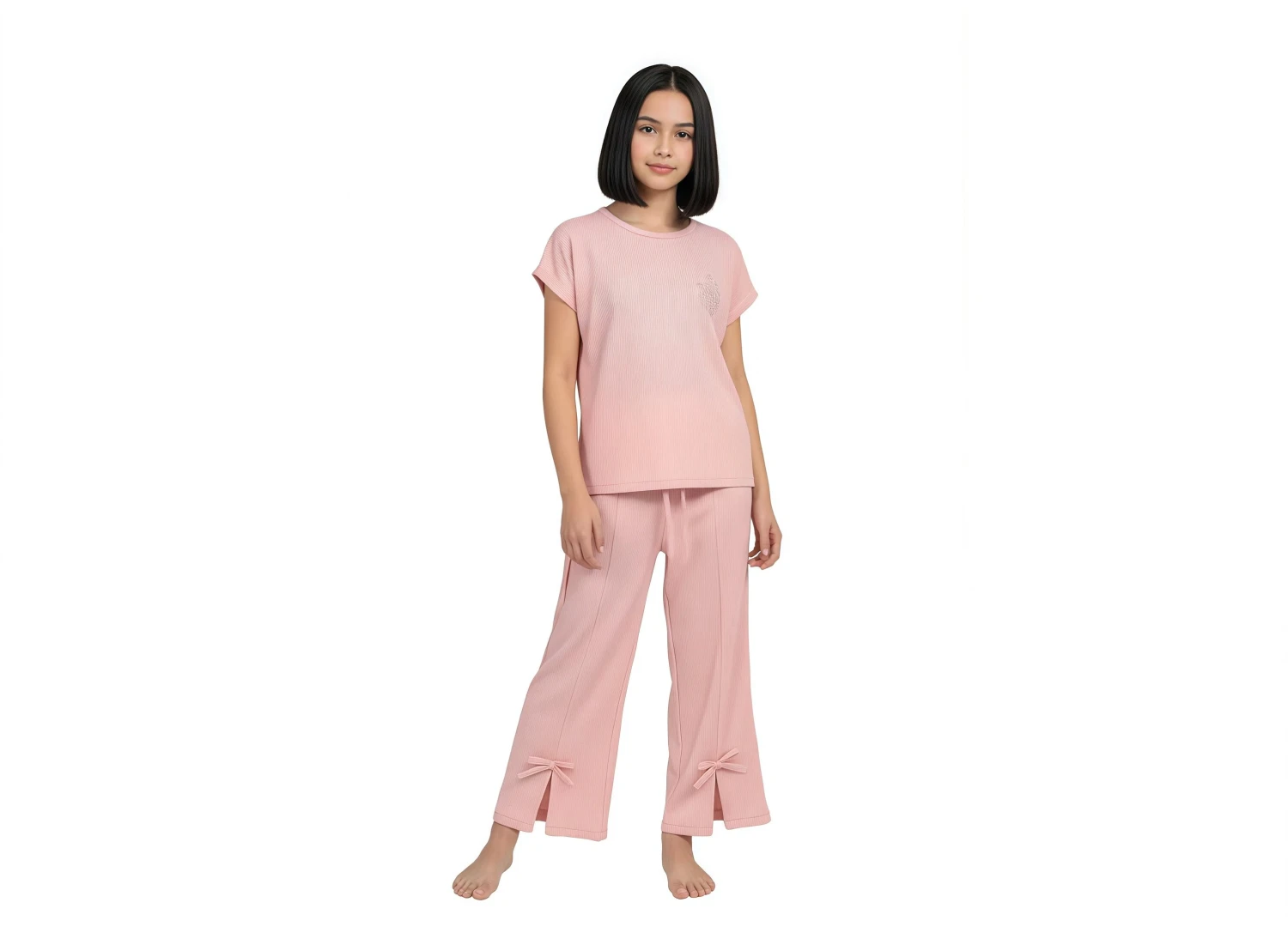 Girls  Ribbed T-Shirt and Split-Hem Lounge Pants Set - Pink