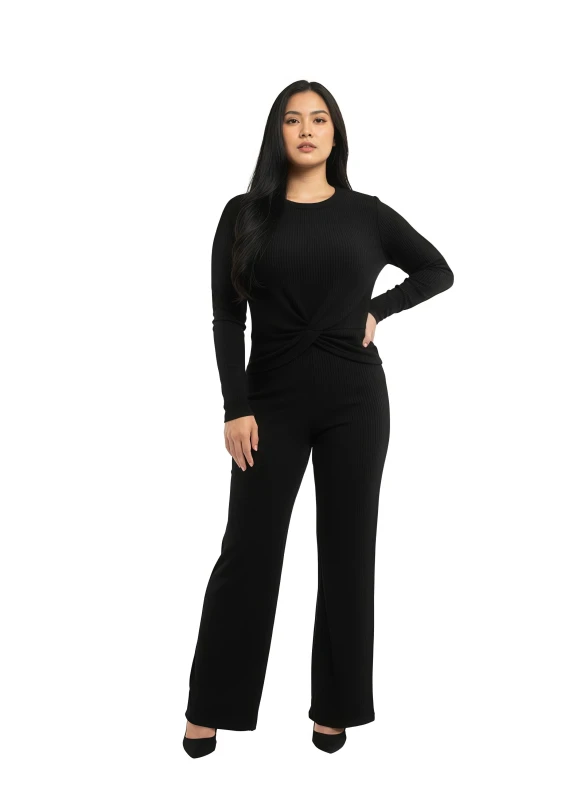 Women's Rust Ribbed Knit Twist Front Top & Wide Leg Pant Set - Black