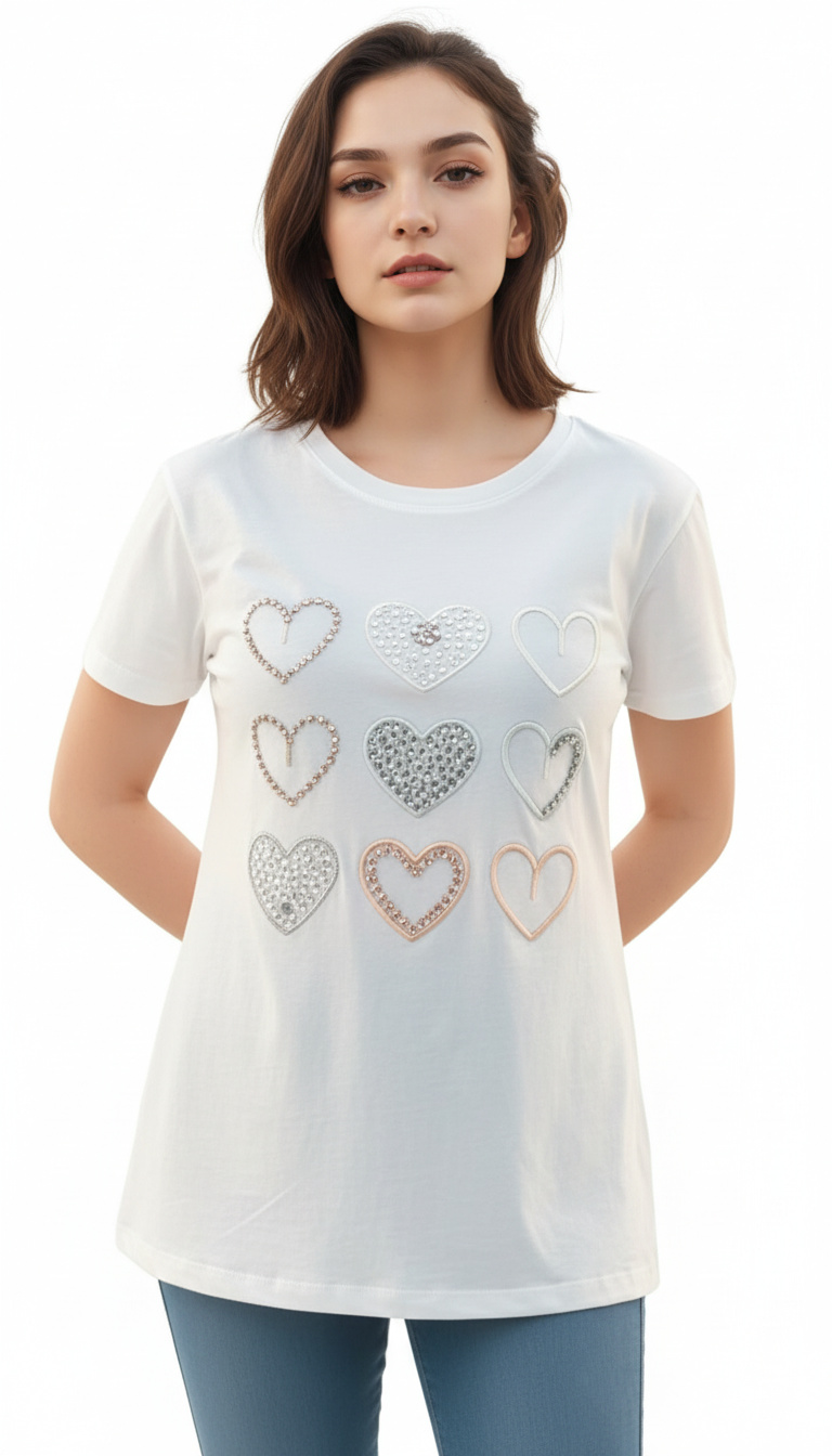 Women's Hearts Print Round Neck Short Sleeve T-Shirt - White