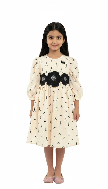 Girl's  Eiffel Tower Print Dress with Floral Belt - Yellow