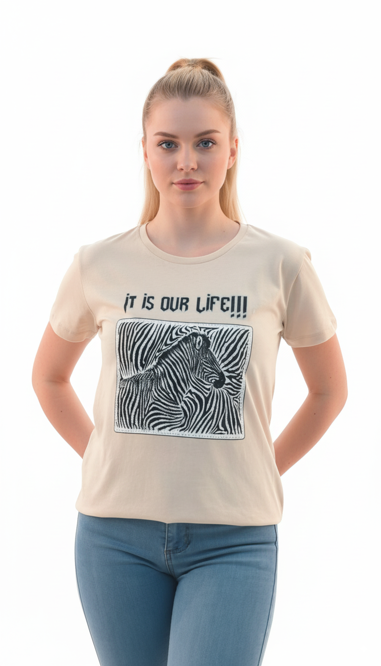 Women's It Is Our Life Quotes with Animal Print Round Neck Short Sleeve T-Shirt - Beige