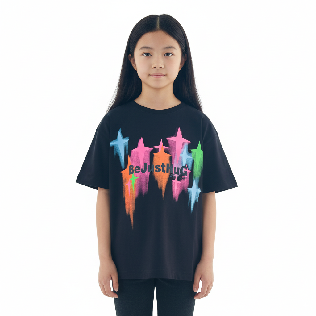 Girl's Be Just Hug Print Round Neck Short Sleeve T-Shirt - Black