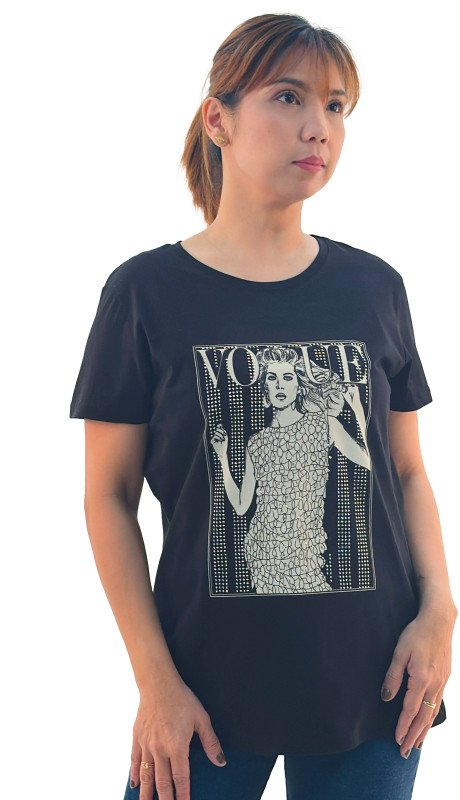 Women's Vogue Girl Design Round Neck Short Sleeve T-Shirt - Black