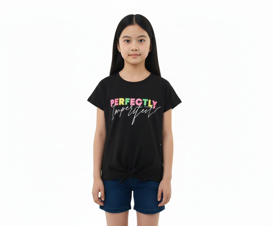 Girl's Front Tie With Perfectly Imperfect Print Round Neck Short Sleeve T-Shirt - Black