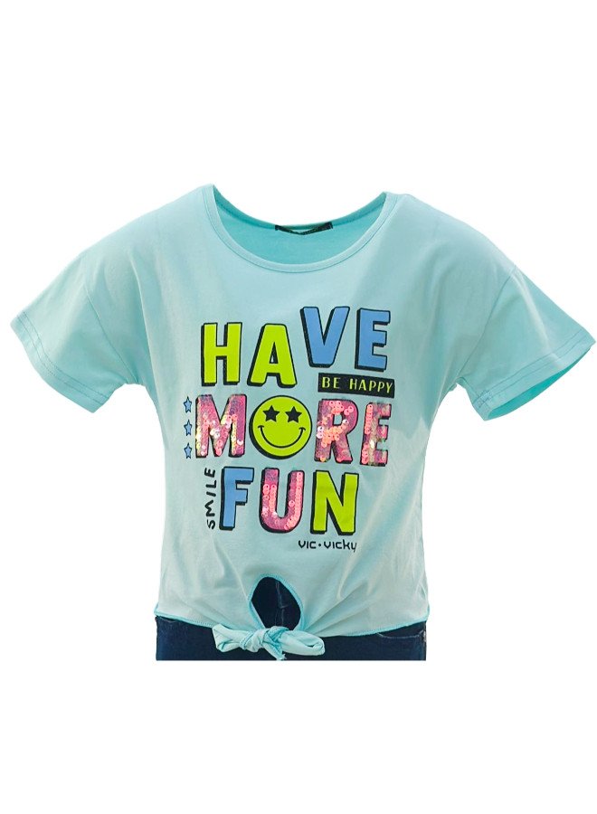 Girl's Front Tie With Have More Fun Print Round Neck Short Sleeve T-Shirt - LightGreen