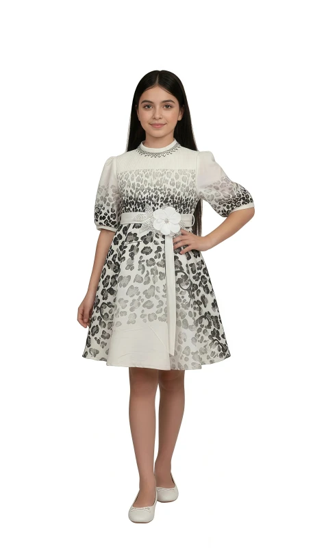 Girls' Leopard Print Dress with Flower - Brown