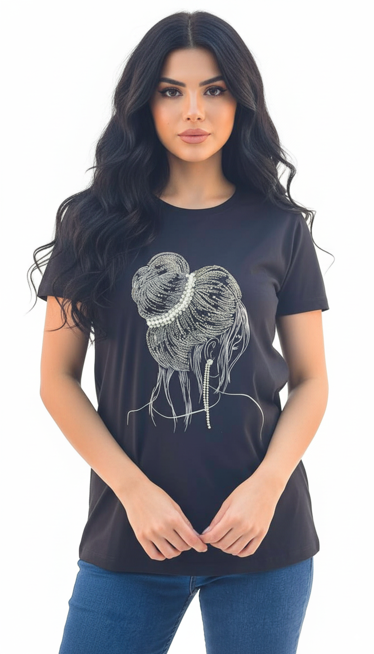 Women's Lady With Hair Bun Print Round Neck Short Sleeve T-Shirt - Black