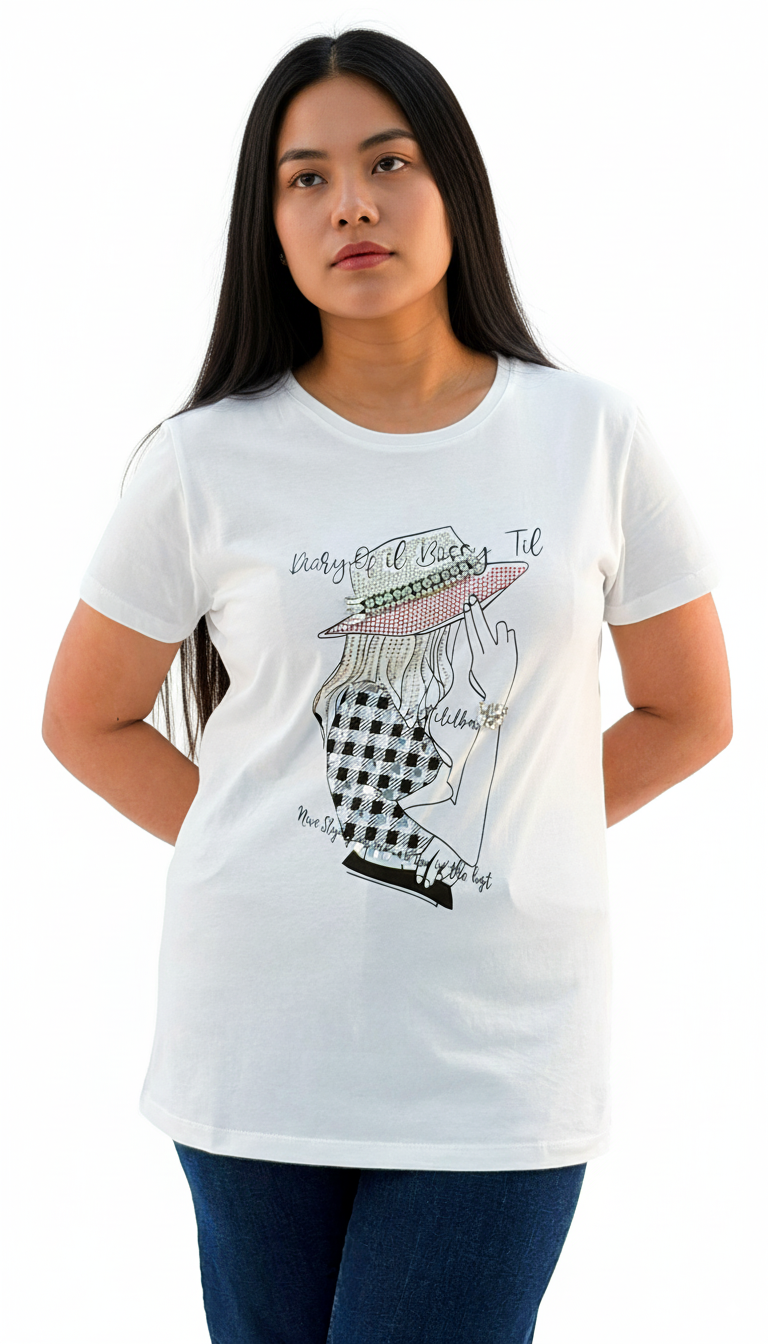 Women's Lady Wearing Hat With Quotes Round Neck Short Sleeve T-Shirt - White