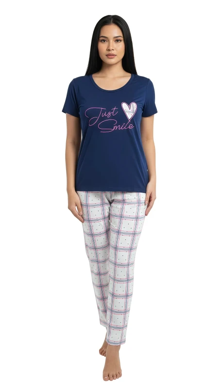 Women's Just Smile Plaid Lounge Set - Blue