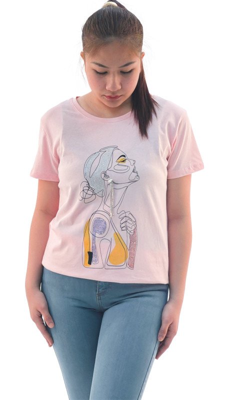 Women's Sad Lady Print Round Neck Short Sleeve T-Shirt - Pink