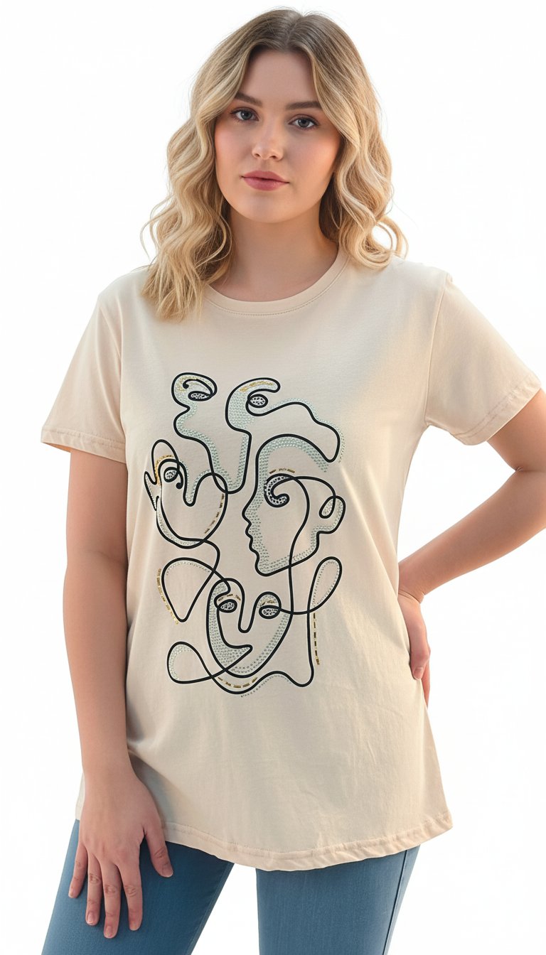 Women's Geometric Design Round Neck Short Sleeve T-Shirt - Beige