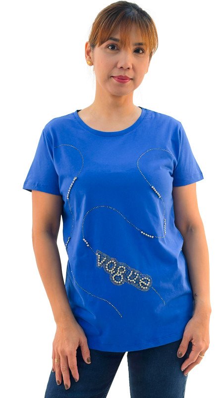 Women's Vogue Print Round Neck Short Sleeve T-Shirt - Blue