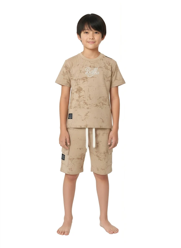 Boy's "Ball" Logo Tee & Speckled Print Shorts Set - Beige