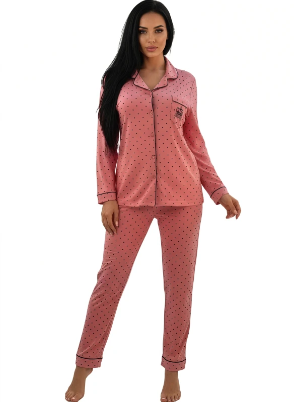 Women Crown Embroidered Polka Dot Pajama - LightPink