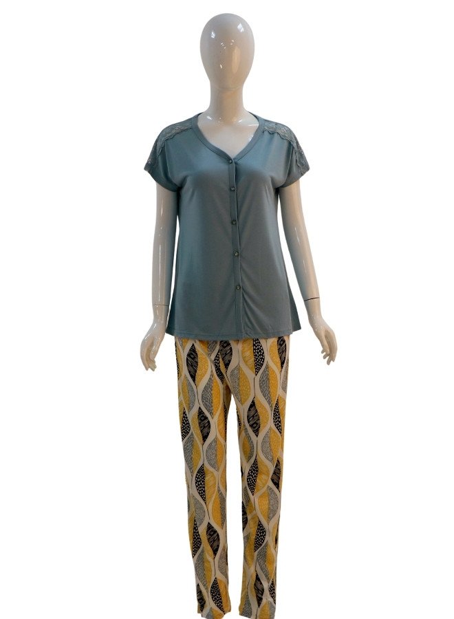 Women’s Printed Pajama Set with Lace Shoulder Detail - Gray