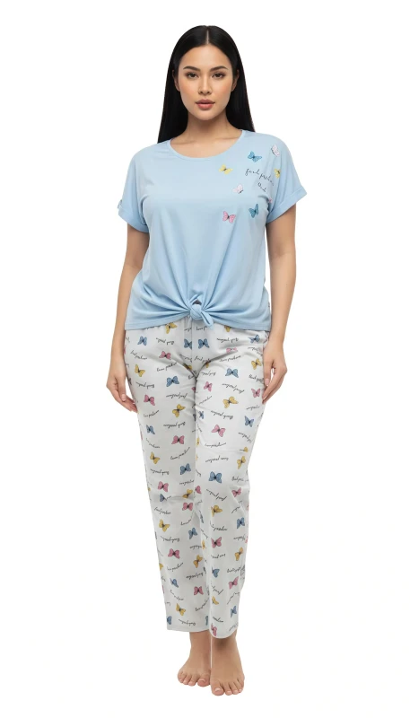 Women's Butterfly Breeze Knotted Pajama Set - Blue