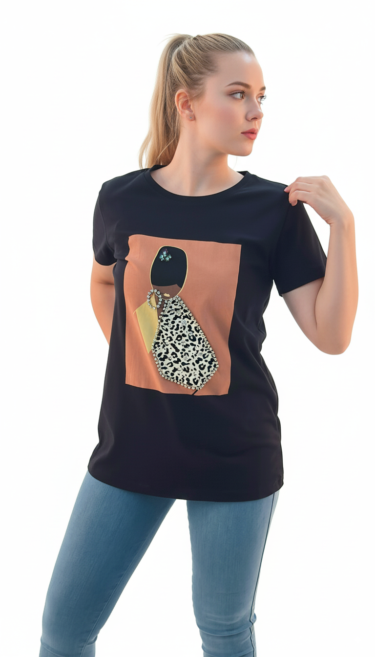 Women's Lady Design Round Neck Short Sleeve T-Shirt - Black