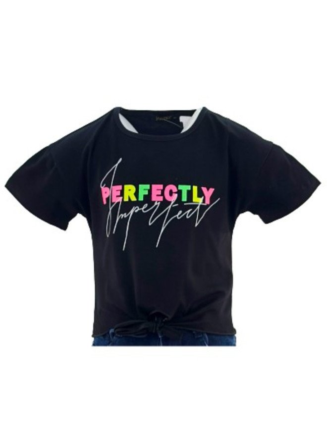 Girl's Front Tie With Perfectly Imperfect Print Round Neck Short Sleeve T-Shirt - Black
