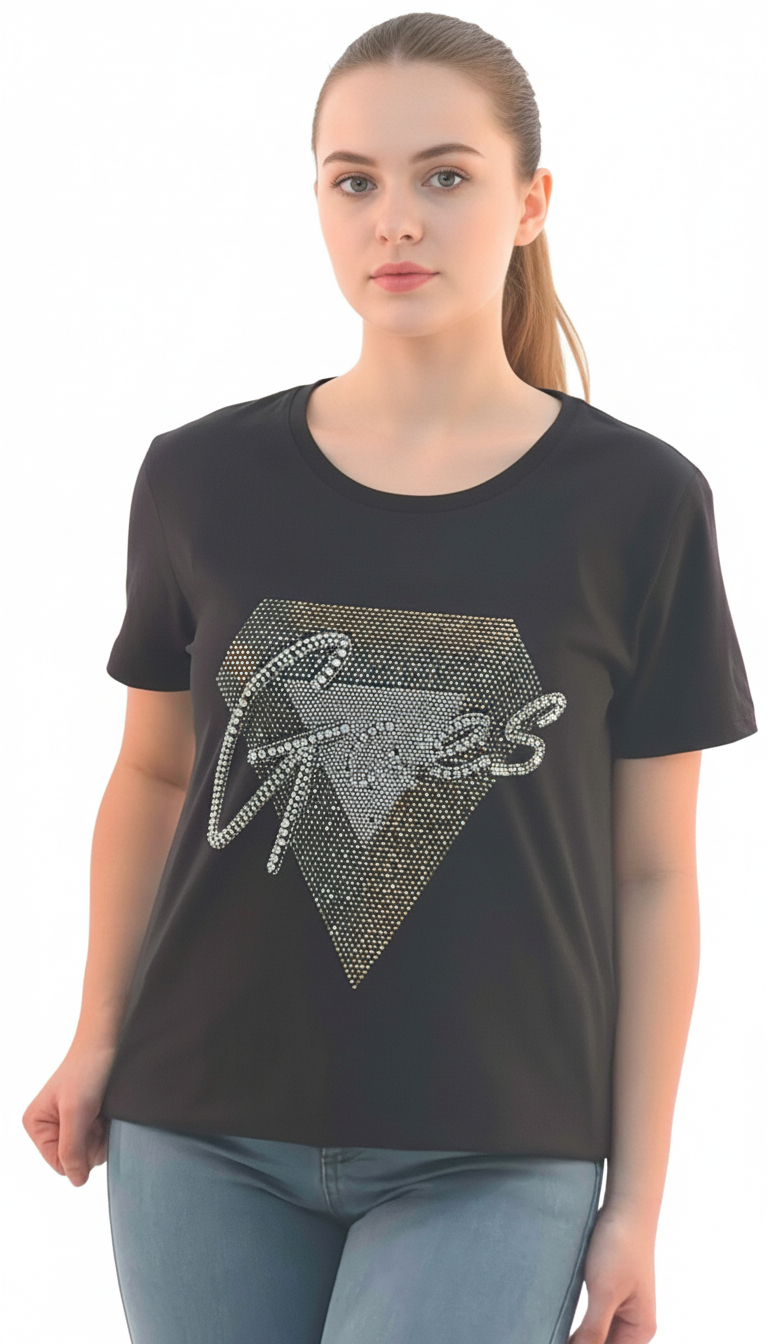 Women's Diamond Design With Quotes Round Neck Short Sleeve T-Shirt - Black