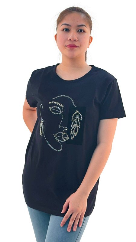 Women's Lady Face Print Round Neck Short Sleeve T-Shirt - Black