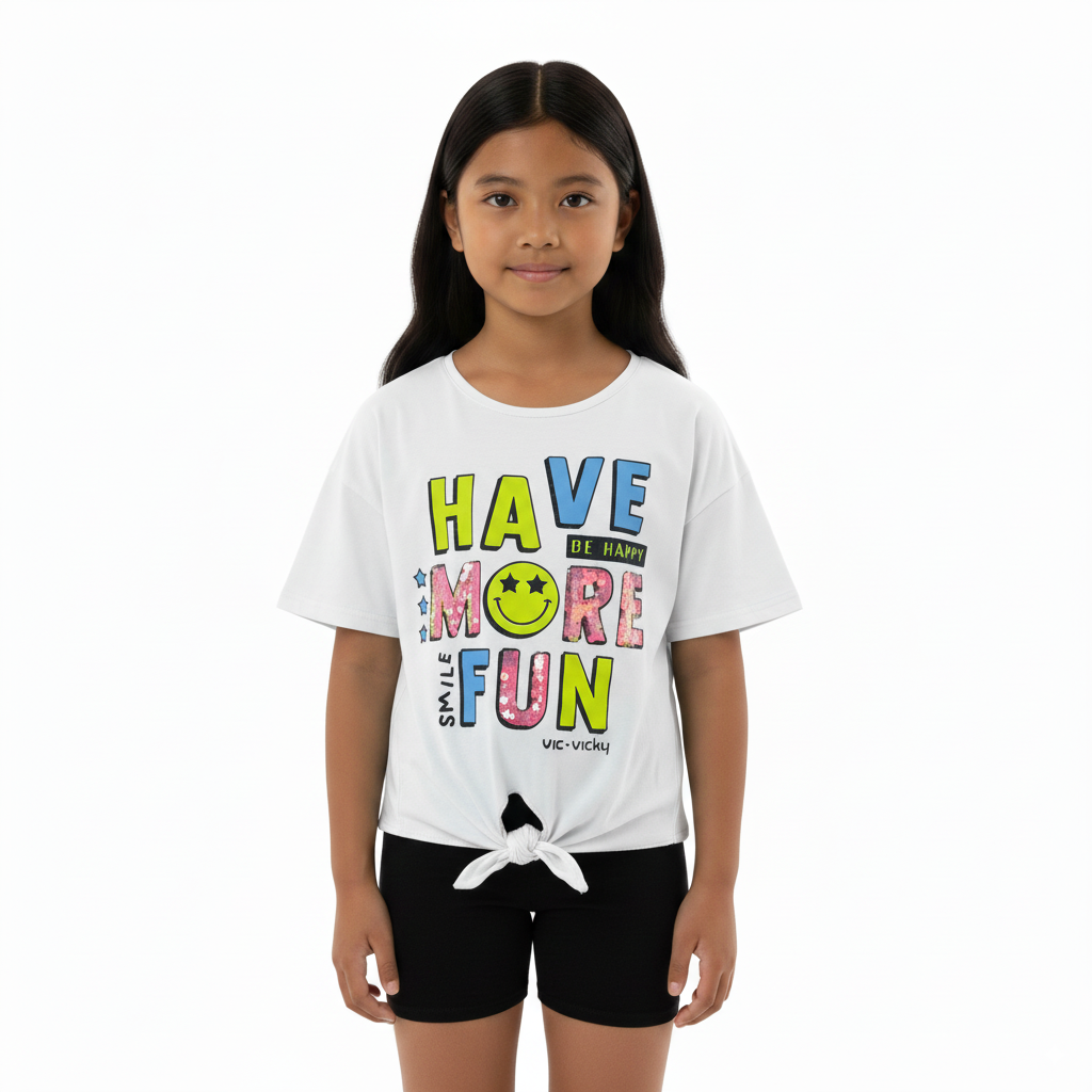 Girl's Front Tie With Have More Fun Print Round Neck Short Sleeve T-Shirt - White