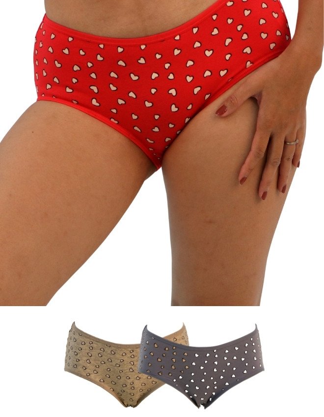 Women's Heart Design Mid Rise 3-Pack Panties, Multicolor - Red
